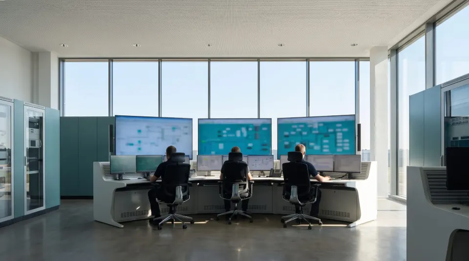 Sala de control de una central, con operadores frente a las pantallas.